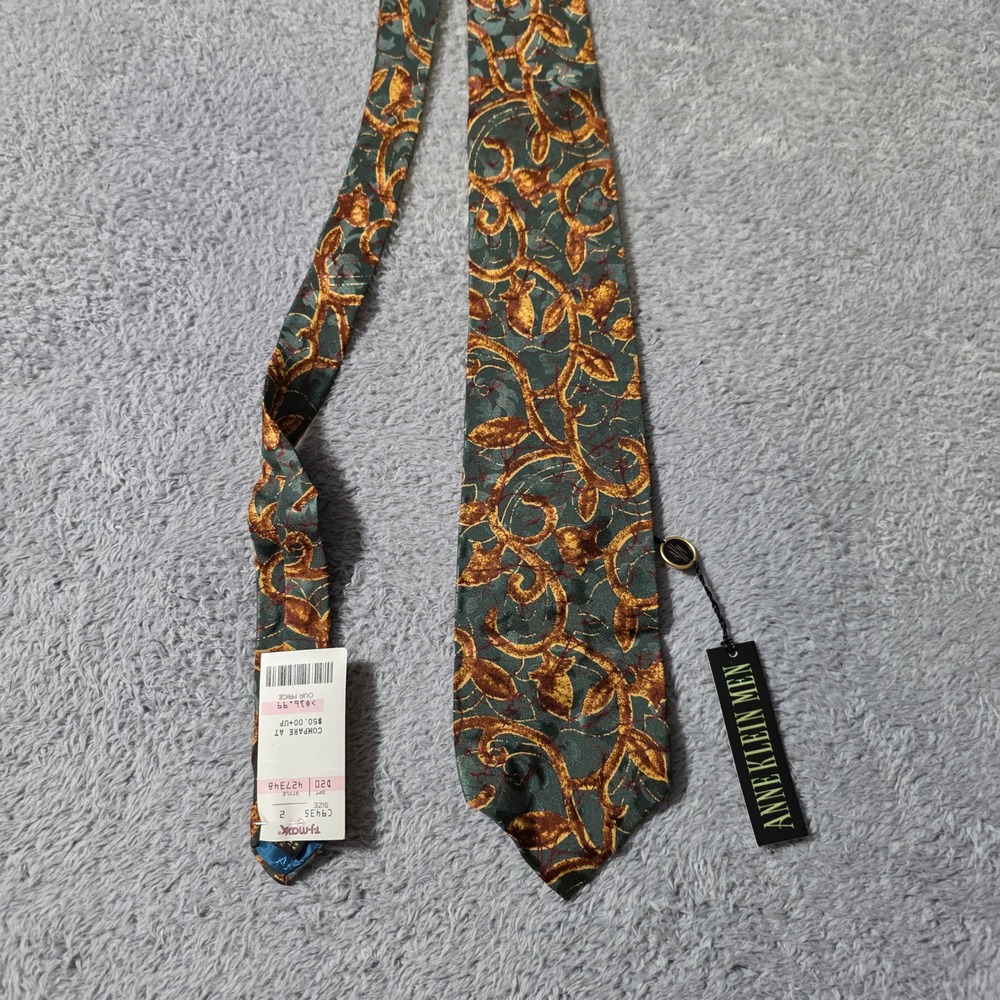 Anne Klein Men One Size Necktie Teal Gold Scroll Leaf Silk Ornate Pattern